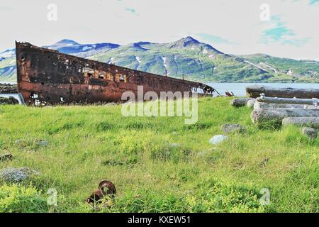 Abbandonato naufragio in Islanda Djupavik relitto arrugginito Foto Stock