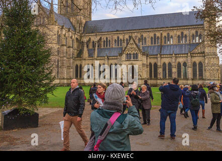 La Cattedrale di Salisbury e la casa di uno dei quattro restanti esemplificazioni dell'originale 1215 charter (Magna Charta Libertatum). Salisbury, Regno Unito Foto Stock