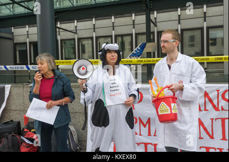 Un manifestante parla al Dept fo Busines Innovazioni & competenze sui pericoli per la democrazia del segreto offerte commerciali come TTIP essendo negotiationed sull'UE ampia giornata di azione contro TTIP. Foto Stock