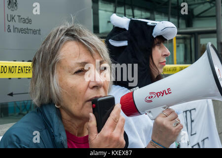 Un manifestante parla al Dept fo Busines Innovazioni & competenze sui pericoli per la democrazia del segreto offerte commerciali come TTIP essendo negotiationed sull'UE ampia giornata di azione contro TTIP. Foto Stock