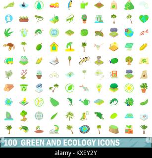 100 verde e ecologia set di icone, stile cartoon Illustrazione Vettoriale