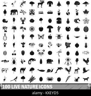 100 natura live set di icone in stile semplice Illustrazione Vettoriale