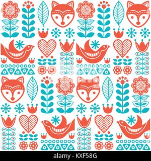 Scandinavo vettore seamless pattern folk con fiori e animali ispirato da arte finlandese Illustrazione Vettoriale