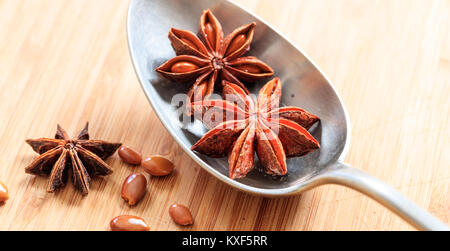 Essiccato di anice stellato su una superficie in legno Foto Stock