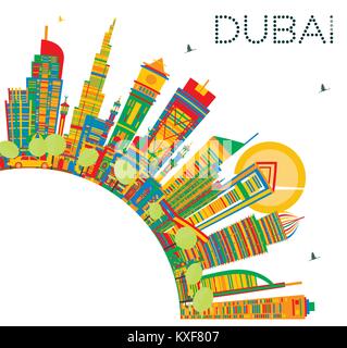 Dubai EMIRATI ARABI dello skyline della città con edifici di colore e copia di spazio. Illustrazione Vettoriale. Viaggi di affari e turismo illustrazione con architettura moderna. Illustrazione Vettoriale