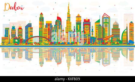 Abstract Dubai EMIRATI ARABI dello skyline della città con edifici di colori e riflessi. Illustrazione Vettoriale. Viaggi di affari e turismo illustrazione Illustrazione Vettoriale