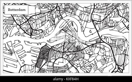 Mappa di Rotterdam in bianco e nero e a colori. Disegnato a mano. Illustrazione Vettoriale. Illustrazione Vettoriale