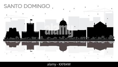 Santo Domingo Repubblica Dominicana skyline della città in bianco e nero con silhouette riflessioni. Piatto semplice illustrazione per il turismo presentazione, banner, Illustrazione Vettoriale