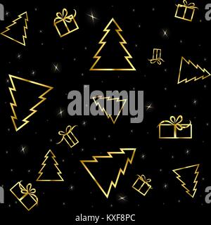 Modello senza giunture di golden doni e un albero di Natale con glitter su sfondo nero Illustrazione Vettoriale