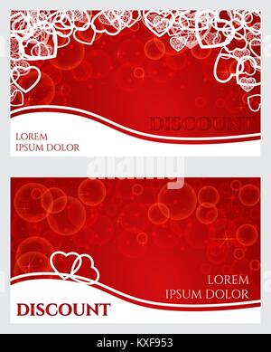 Carta sconto per il giorno di San Valentino white pattern di cuori contorni su uno sfondo rosso con bokeh e stelle Illustrazione Vettoriale