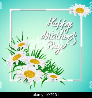 La grafia felice giorno della madre con un bouquet di margherite, lettering con ricci Illustrazione Vettoriale