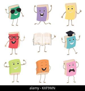 Carino libri umanizzato i caratteri che rappresentano diversi tipi di letteratura, i bambini e la scuola. Serie di divertenti personaggi del libro, mascotte cartoon Illustrazione Vettoriale