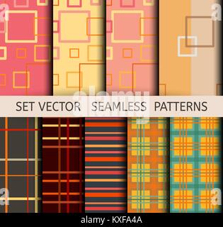 Set di vettore di seamless motivi geometrici di linee e quadrati di tessuto e carta Illustrazione Vettoriale