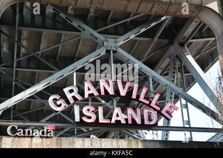 Granville Island segno come si entra in questo posto meraviglioso a Vancouver in Canada. Foto Stock