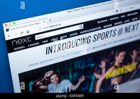 LONDON, Regno Unito - 4 gennaio 2018: la homepage del sito ufficiale per il prossimo - il British abbigliamento, calzature e prodotti per la casa rivenditore, sulla quarta Janua Foto Stock