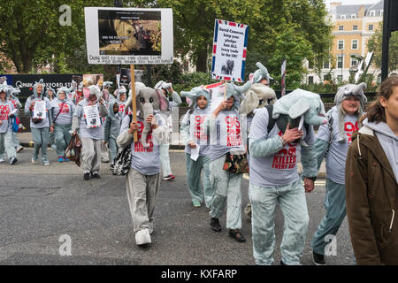 Alcune delle 96 dimostranti nei costumi di elefante nella parte anteriore del Global March per elefanti e rinoceronti a Londra. (^ gli elefanti vengono uccisi ogni giorno, li minaccia di estinzione. Foto Stock