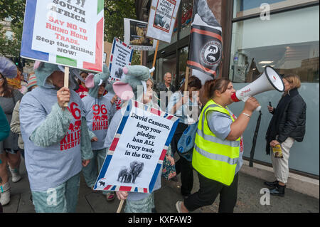 Dimostranti in elefante costumi alla parte anteriore della marcia globale per gli elefanti e rinoceronti in Londra venire a Whitehall dove stanno andando avere un rally di fronte a Downing St. Foto Stock