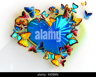 Variopinte Farfalle sfarfallio intorno al cuore come una preziosa pietra blu. Per il giorno di San Valentino. Foto Stock