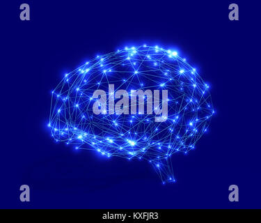 Cervello poligonale a forma di intelligenza artificiale con linee e punti luminosi e di ombra su sfondo blu scuro. Il rendering 3D. Foto Stock