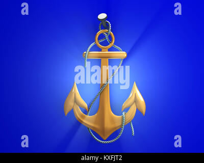 Ancoraggio in oro con fune metallica isolata su uno sfondo bianco Foto Stock