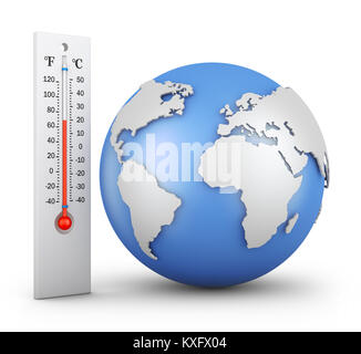 Termometro e globo su uno sfondo bianco. Il rendering 3d. Foto Stock