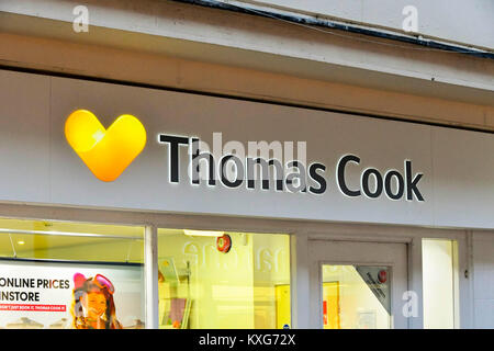 Weymouth Dorset, Regno Unito. 9 gennaio 2018. Thomas Cook shopfront segno a Weymouth, Dorset. Credito Foto: Graham Hunt/Alamy Live News. Foto Stock