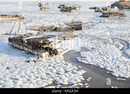 Lianyungang, cinese della provincia di Jiangsu. Decimo gen, 2018. Il ghiaccio è visibile sulla superficie del mare lungo la zona costiera di Lianyungang, est cinese della provincia di Jiangsu, 10 gennaio, 2018. Credito: Geng Yuhe/Xinhua/Alamy Live News Foto Stock