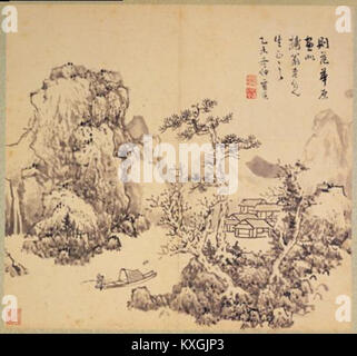 Un album della dinastia Ming dipinto di LAN Ying intitolato "Fishing by the Mountain Stream", che raffigura uno studioso che pesca in un tranquillo paesaggio montano in stile tradizionale cinese. Foto Stock