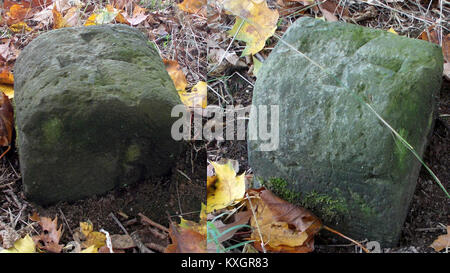 La pietra di confine Freital 1, situata a Pesterwitz am Jochhöhe in Germania, segna i confini regionali storici tra la Sassonia e i territori limitrofi. L'immagine del 2015 documenta la sua conservazione come monumento culturale. Foto Stock