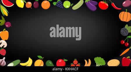 Telaio del cibo biologico. Fresche verdure crude con frutti. Su una lavagna Illustrazione Vettoriale