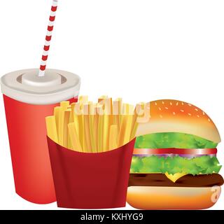 Il fast food set, soda, patatine fritte e burger Illustrazione Vettoriale