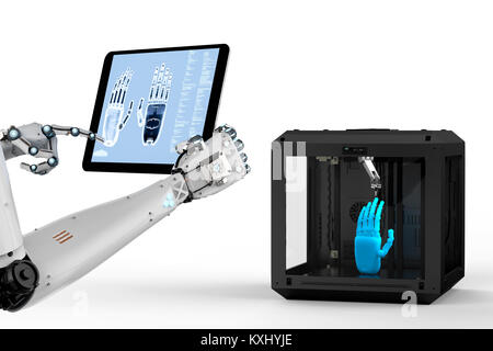 3D rendering robot lavora con stampante 3D Foto Stock