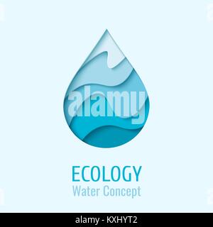 Goccia di acqua ecologia logo design modello. Vettore waterdrop astratta di carta ritagliata logotipo di stile. Risparmiare acqua - concetto di ecologia Illustrazione Vettoriale