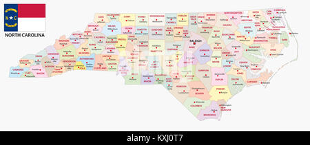 North Carolina politica e amministrativa di mappa vettoriale con bandiera Foto Stock