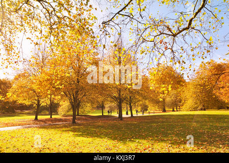 Green Park, Londra. Una giovane coppia camminare mano nella mano tra colorate di alberi in una bella giornata di sole in autunno. Foto Stock
