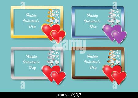 Set di quattro frame di metallo rettangoli con cuori appeso sul nastro. Il vettore può essere utilizzato come un giorno di San Valentino o il giorno del matrimonio card. Illustrazione Vettoriale
