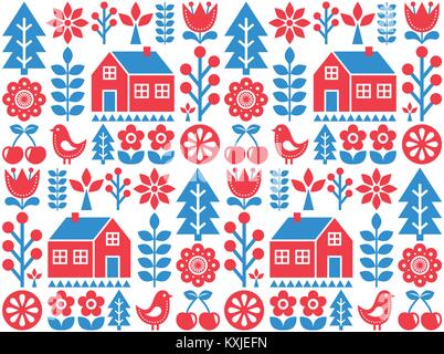 Nordic, scandinavo ispirato folk art seamless pattern - vettore finlandese design in blu e rosso Illustrazione Vettoriale