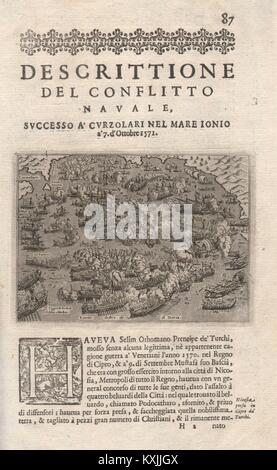 Descrittione del conflitto navale…Curzolari PORCACCHI Battaglia di Lepanto 1620 mappa Foto Stock