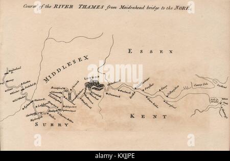 Corso del fiume Tamigi da Maidenhead bridge a Nore 1792 mappa vecchia Foto Stock