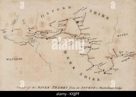 Corso del fiume Tamigi dalla sua fonte a Maidenhead Bridge 1792 mappa vecchia Foto Stock