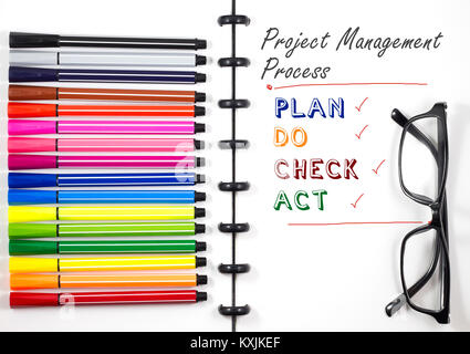 Processo di gestione del progetto di testo bianco su sketchbook con penna a colori e occhiali, vista dall'alto/Flat Lay Foto Stock