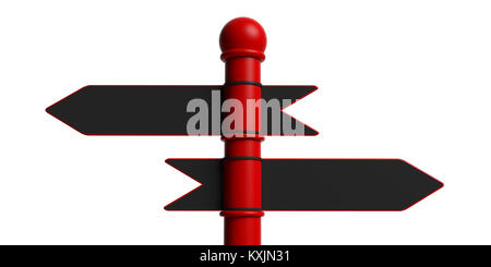 Metallo bianco freccia segnaletica sul polo rossa, isolato su sfondo bianco. 3d illustrazione Foto Stock