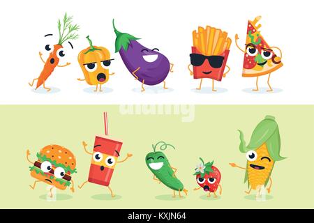 Funny verdure e fast food - set di caratteri vettoriali illustrazioni Illustrazione Vettoriale