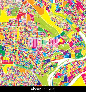 Baghdad, Iraq, colorata mappa vettoriale. Strade bianche, ferrovie e acqua. Colore luminoso punto di riferimento forme. Stampa di arte pattern. Illustrazione Vettoriale