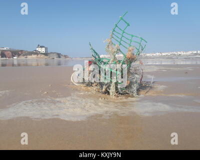 Marine scultura di lettiera in spiaggia, intrecciato i detriti di plastica da industria della pesca nel bellissimo Baleal.
