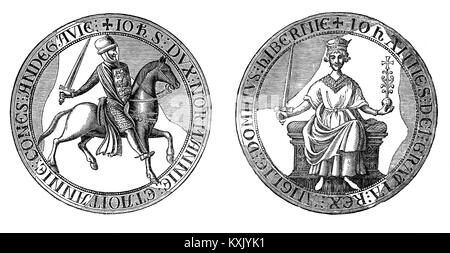 Il re Giovanni del sigillo per la Magna Carta. La Magna Charta Libertatum (latino medievale per 'La Grande carta della libertà"), Aka Magna Charta; e la grande carta è stato concordato dal Re Giovanni di Inghilterra a Runnymede, vicino a Windsor, il 15 giugno 1215. È stato redatto dall'Arcivescovo di Canterbury a fare la pace tra il re impopolare e un gruppo di baroni ribelli. Esso ha promesso la tutela dei diritti della Chiesa, la protezione per i baroni dall'incarcerazione illegale, accesso a una giustizia più rapida e le limitazioni sui pagamenti feudali della corona. Foto Stock