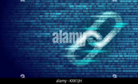 Collegamento ipertestuale Blockchain simbolo sul numero di codice binario grande di informazioni sul flusso di dati. Finanza Cryptocurrency concetto aziendale illustrazione vettoriale modello di sfondo Illustrazione Vettoriale
