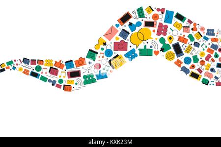 Social media schizzi d'onda fatta di coloratissimi moderna icona internet elementi. Rete Online illustrazione comprende telefono, chat, musica e simboli del messaggio. Illustrazione Vettoriale