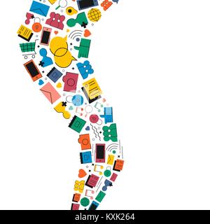 Social media schizzi d'onda fatta di coloratissimi moderna icona internet elementi. Rete Online illustrazione comprende telefono, chat, musica e simboli del messaggio. Illustrazione Vettoriale