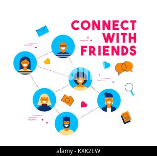 Connettersi con gli amici concetto illustrazione in stile appartamento. Gruppo di persone collegate sui social media network online facendo attività internet. EPS vettore10 Illustrazione Vettoriale